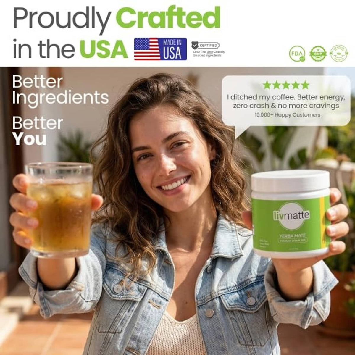 Liv matte Yerba mate instant drink mix tub held beside a glass of tea