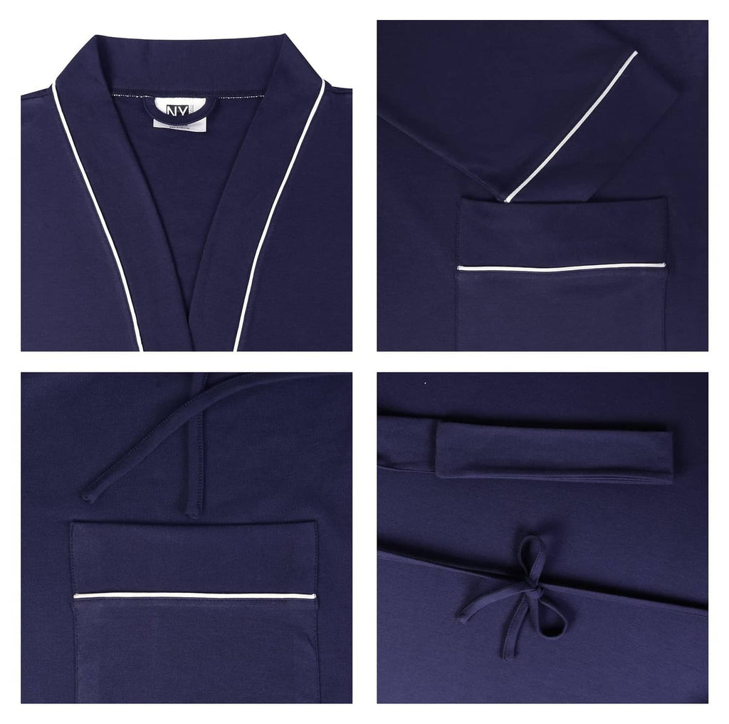 Navy bathrobe fabric and pocket detail with contrast piping and inner tie.