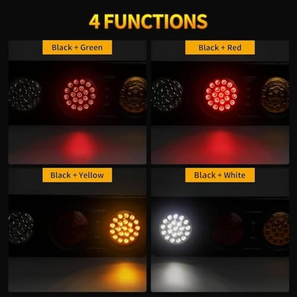 LED trailer tail light bar showing modes with red, amber yellow, and white glow
