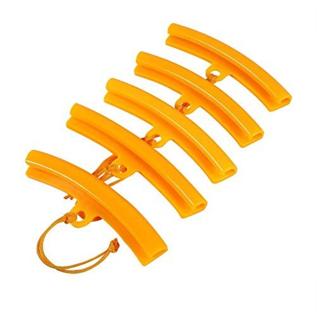 Five orange wheel rim protectors with loop cords, curved ends for wheel protection