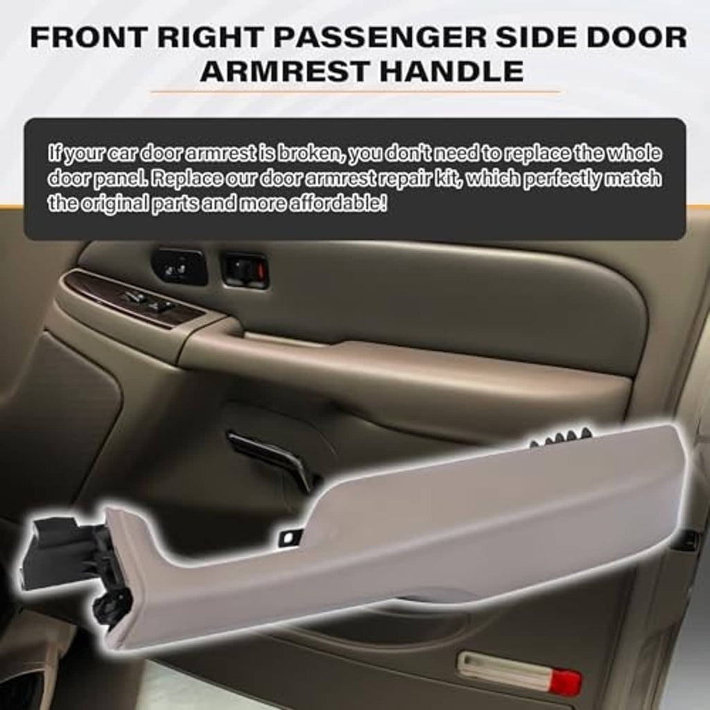 Beige front passenger door armrest handle shown installed on the door panel