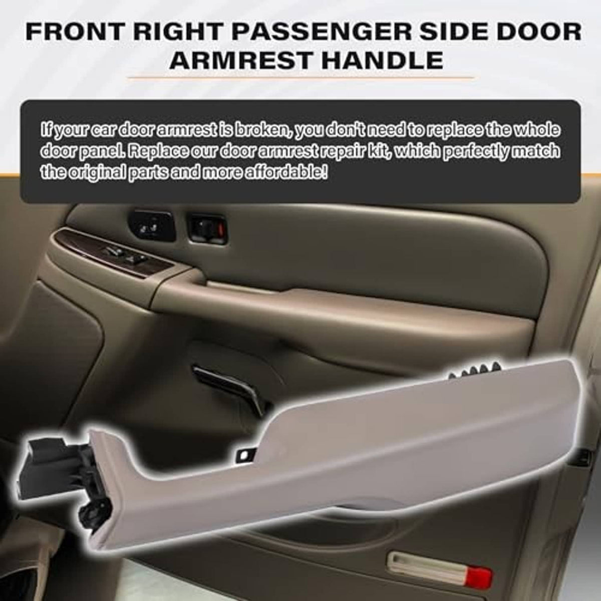 Beige front passenger door armrest handle shown installed on the door panel