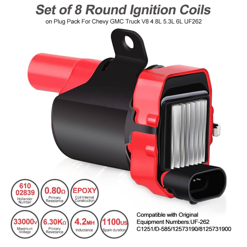 Set of 8 round ignition coils, red and black housings with electrical connector