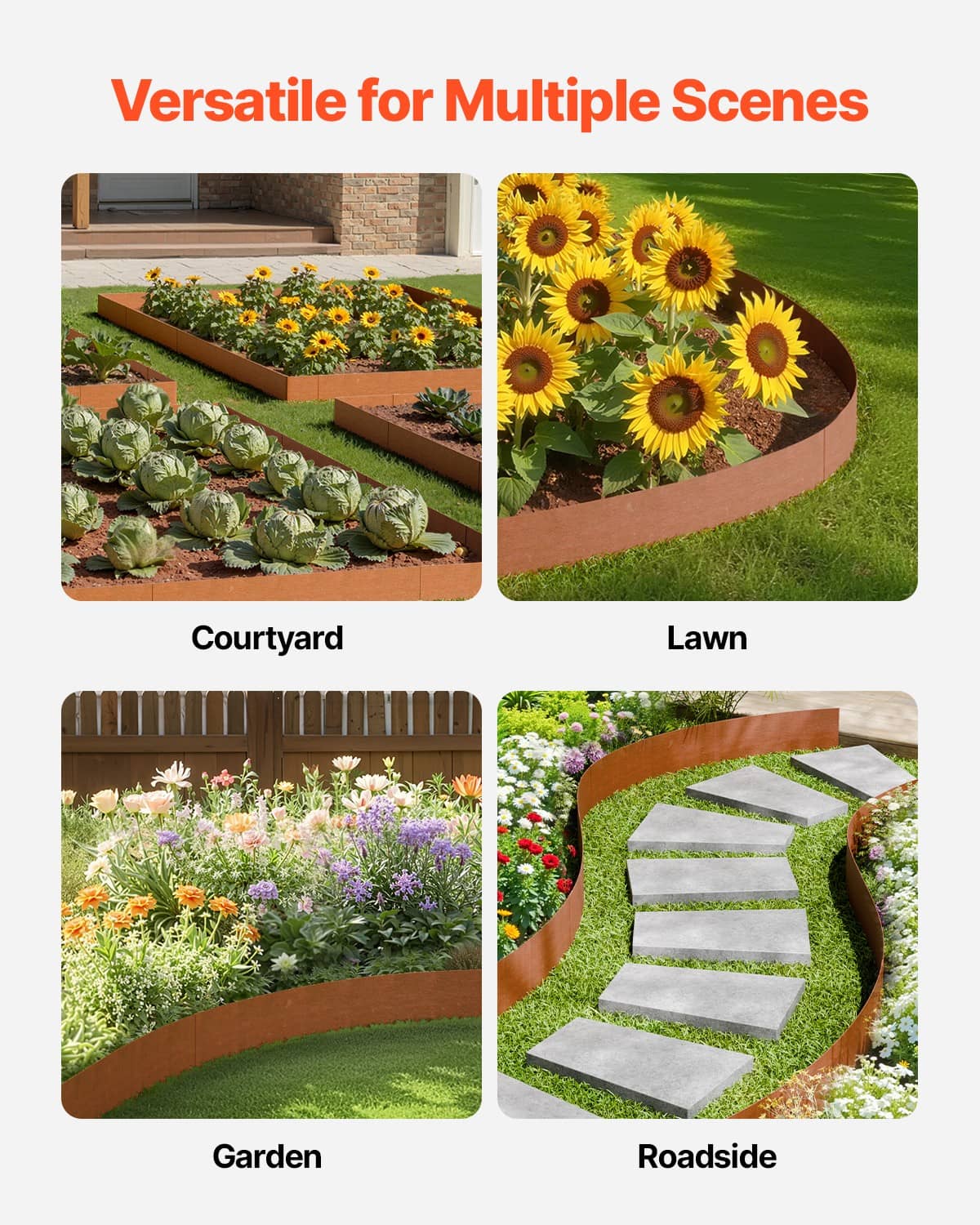 Rust-brown steel landscape edging border with pointed spikes for garden and lawn borders