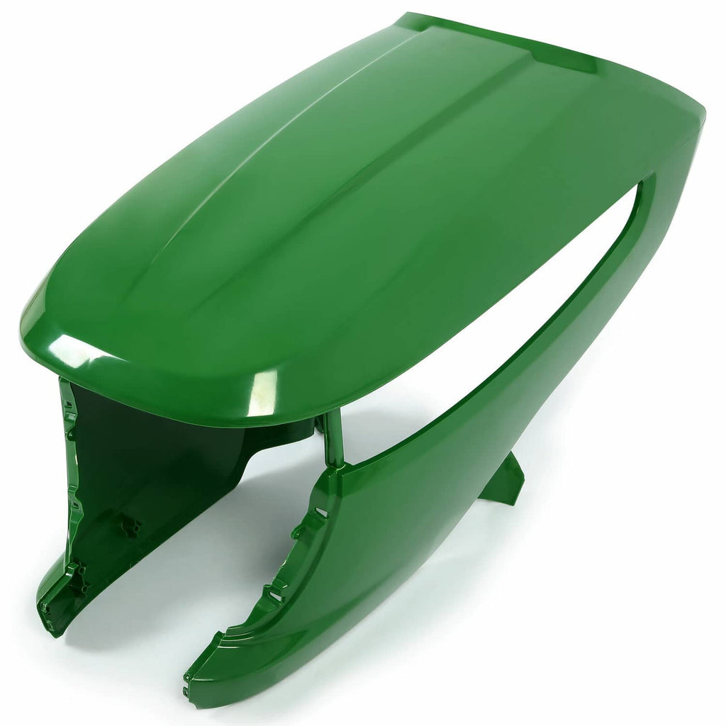 Green lawn mower front hood with smooth top and side mounting tabs