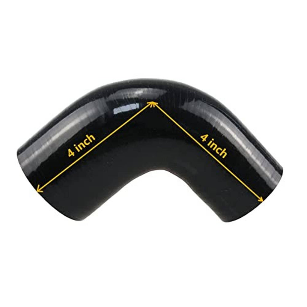 Black 90-degree silicone hose elbow, 4 in overall diameter markings on ends