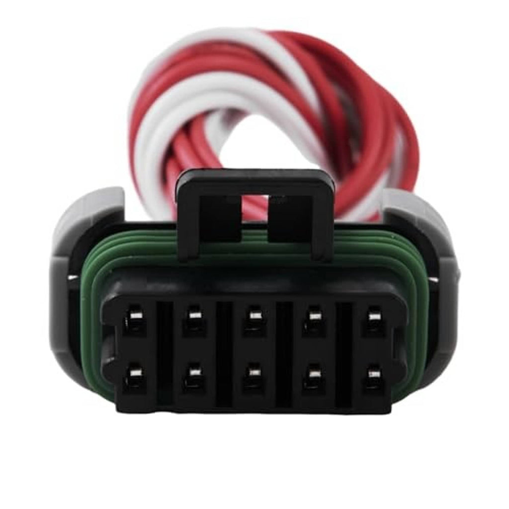 Auto headlight connector plug front view, black socket with green divider, red wires