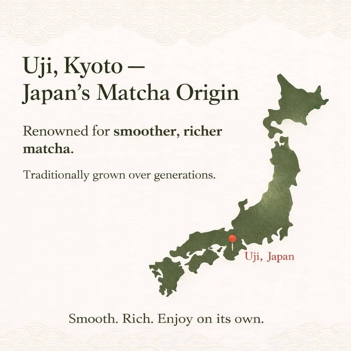 Matcha origin promotional card with map silhouette highlighting Uji, Kyoto, Japan