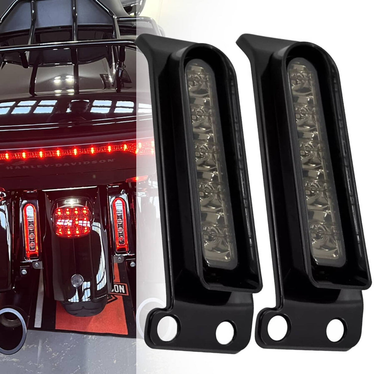 Saddlebag LED filler lights mounted on motorcycle, black housings with clear lens panels