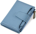Sky blue leather-look bifold wallet with front tab and gold-tone zipper pull