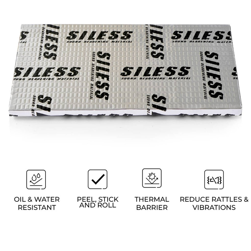 Car sound deadening mat sheet showing peel-and-stick and thermal barrier icons