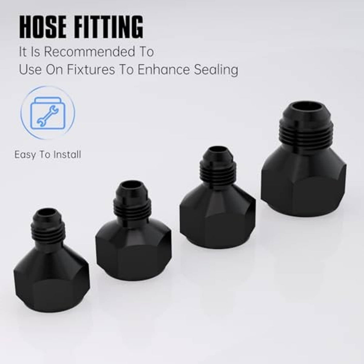 Black AN hose reducer fittings set with threaded male ends and hex bodies