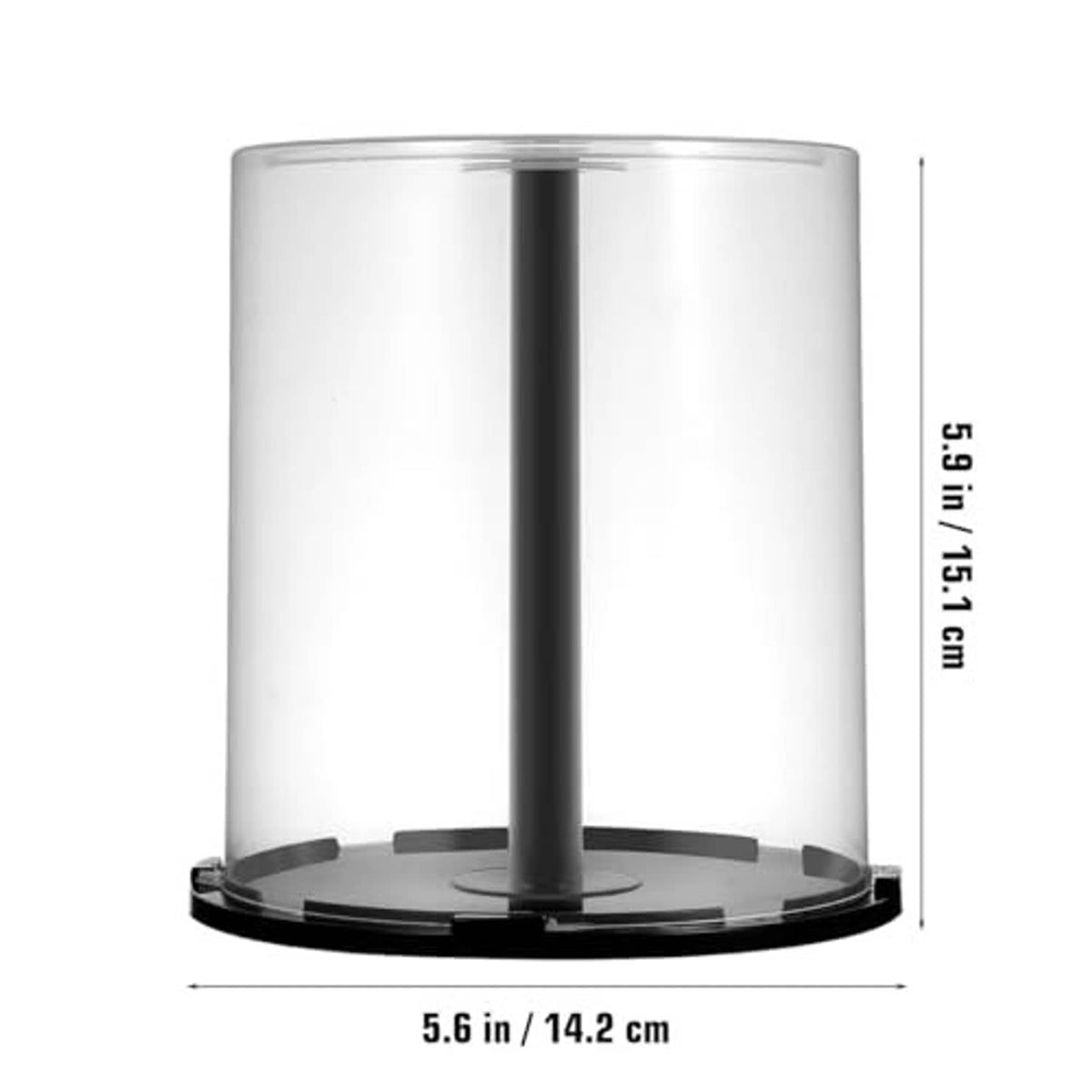 Clear CD/DVD spindle storage case with central hub and dark base ring, about 5.6 in diameter