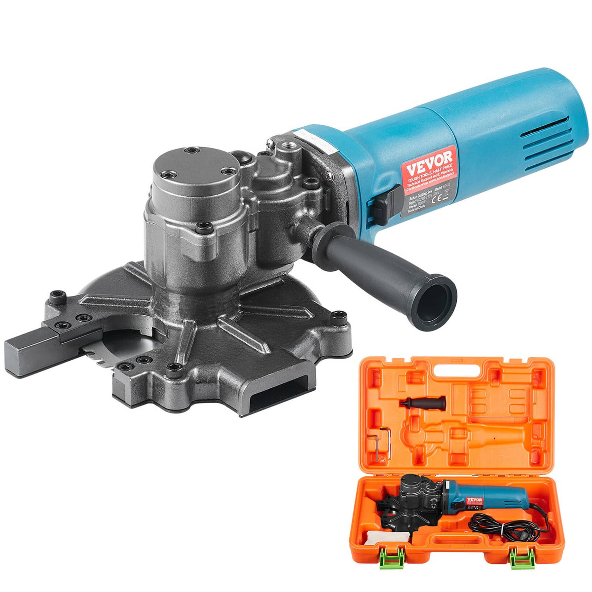 Electric rebar cutter with blue motor housing and silver metal gear head