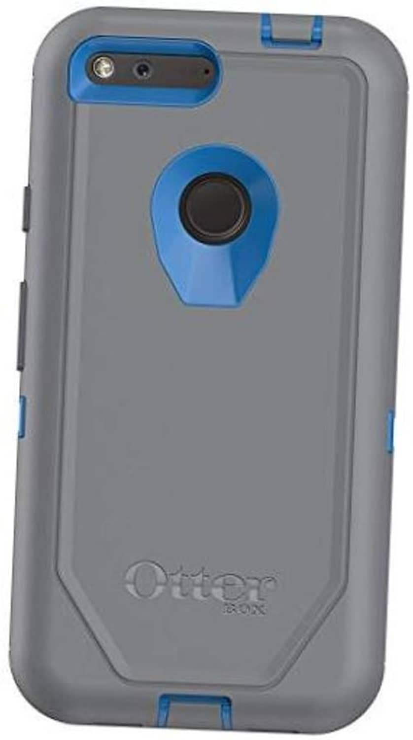 Gray Defender case with blue camera cover and OtterBox logo for Google Pixel XL