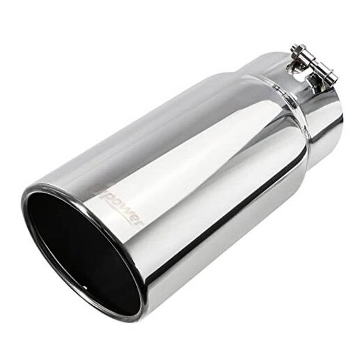 Stainless steel exhaust tip with round black outlet and clamp hardware