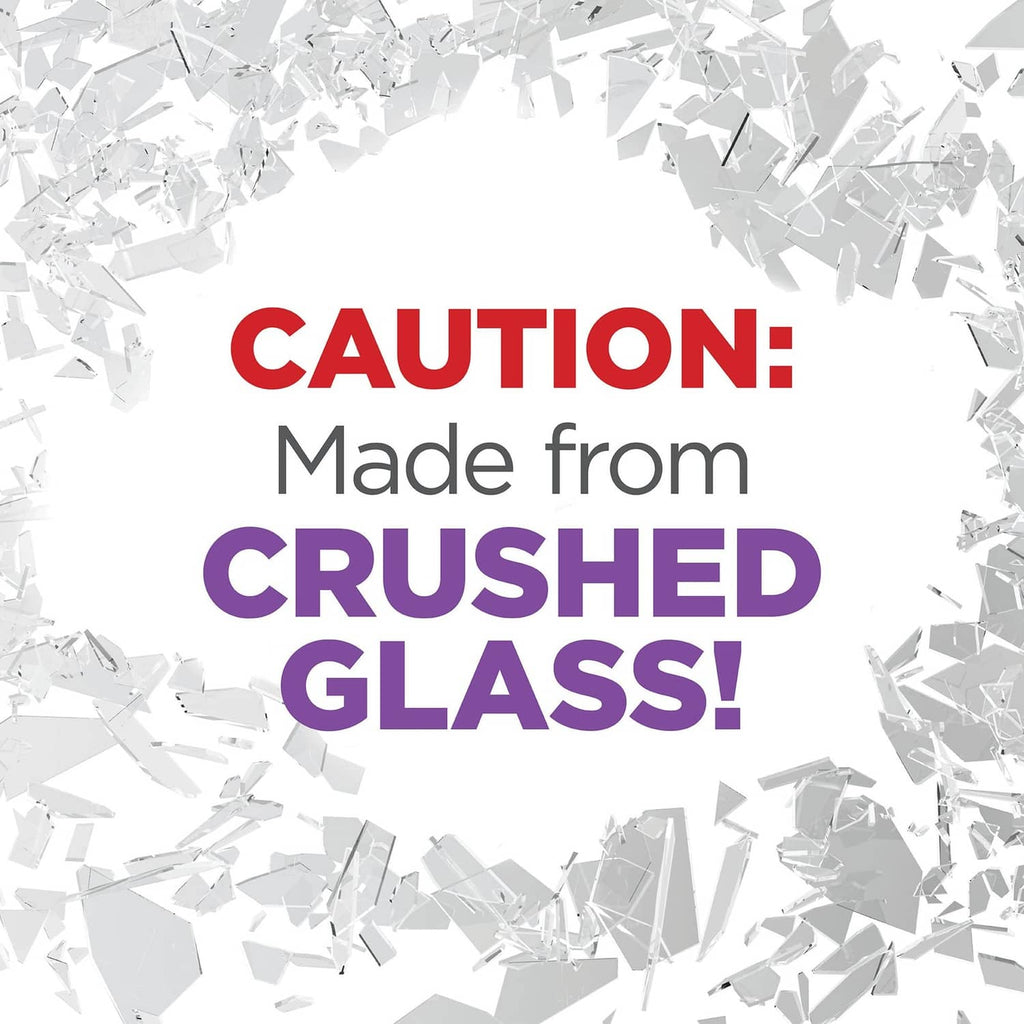 Diamond dust glitter message: “Made from crushed glass!” with silver flake background