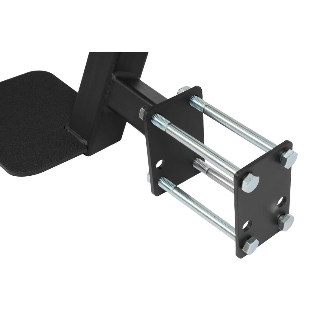 Close-up of ladder mounting bracket with bolts and two support bars, black finish