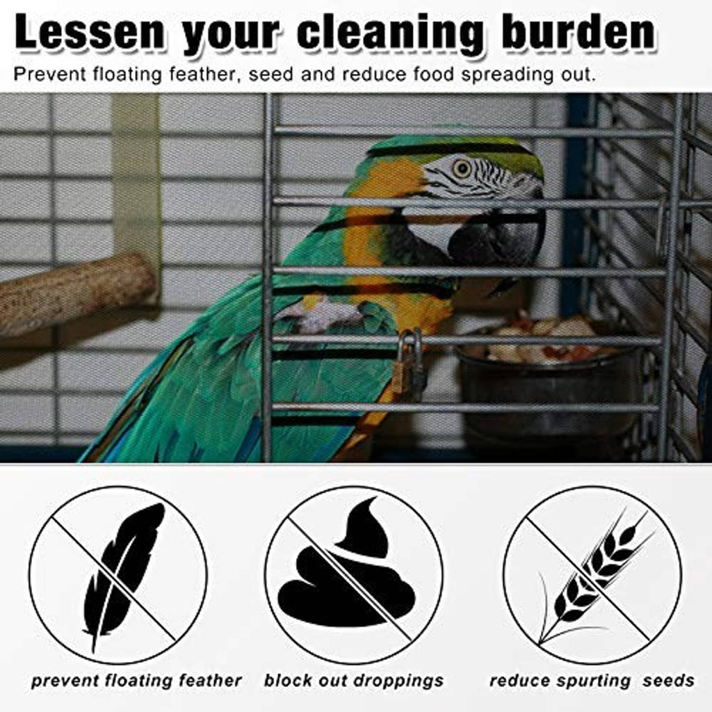 Black birdcage cover net over a parrot cage to help reduce seed and feather mess