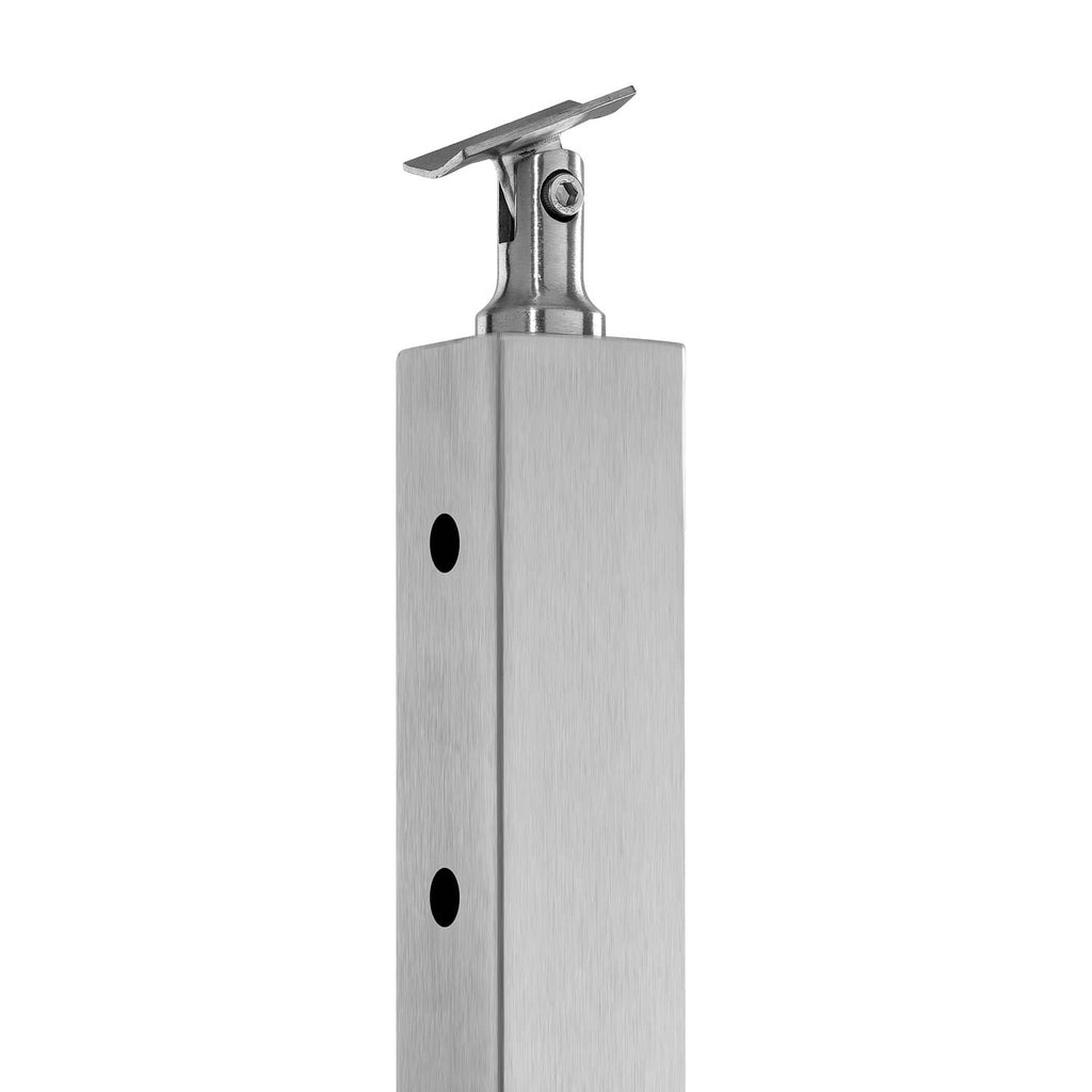 Pre-drilled cable railing post with metal top fitting, brushed silver finish, two holes