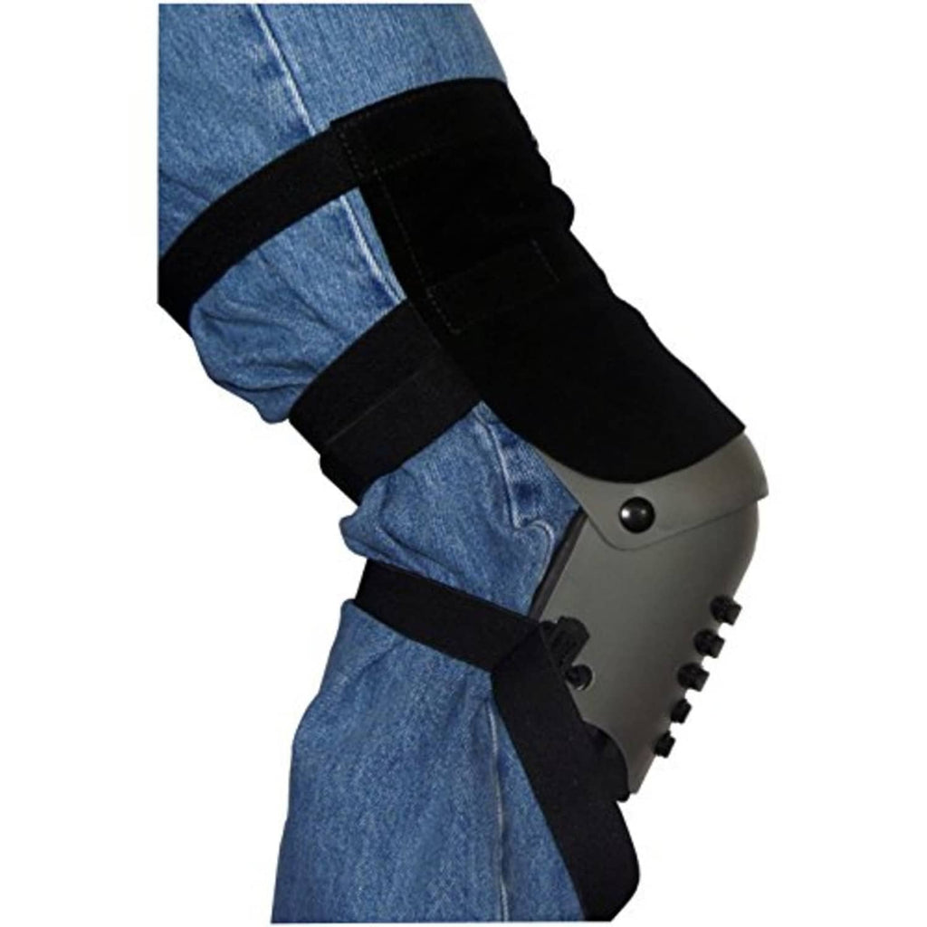 Black leather knee pads with adjustable straps over denim trousers