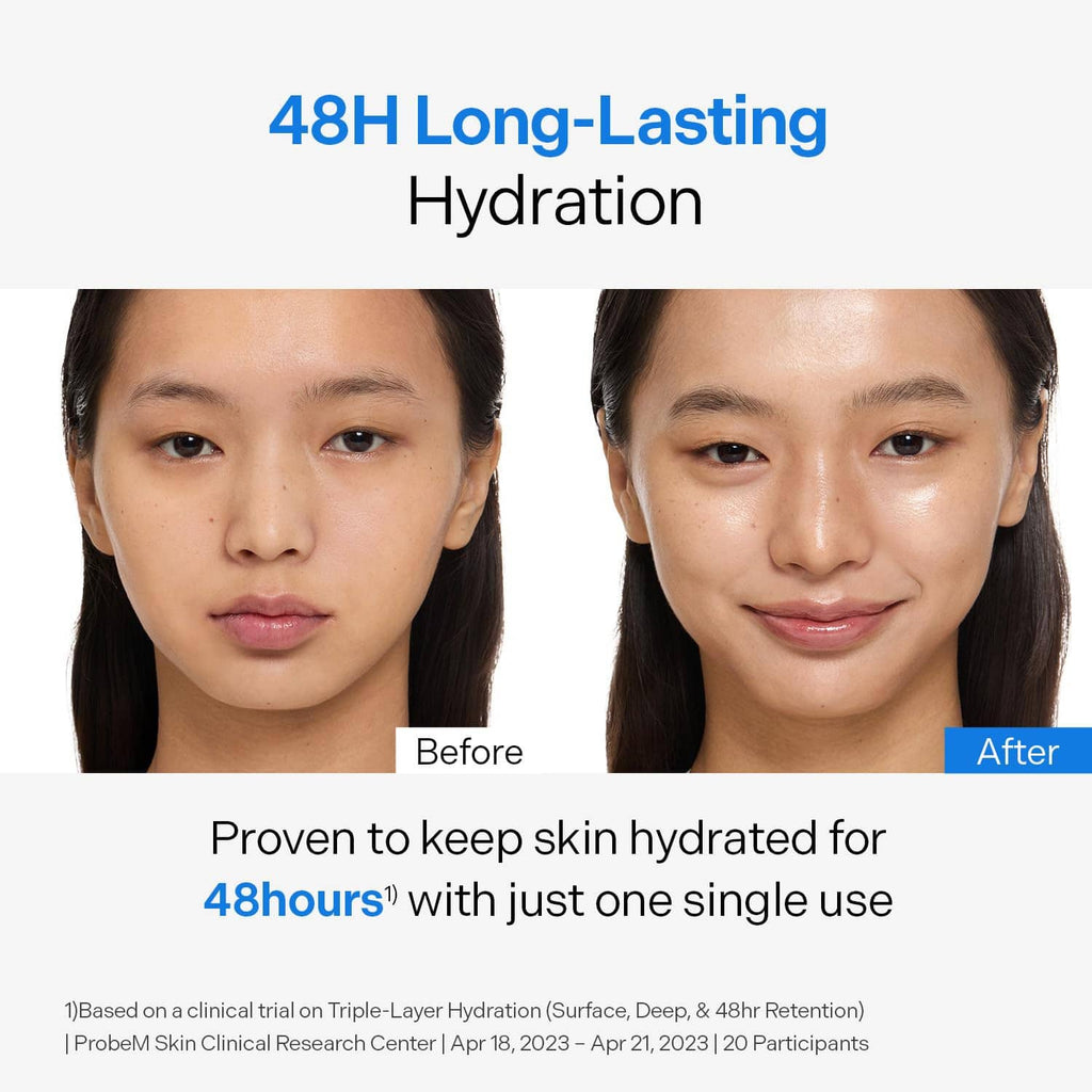 48-hour hydration before-and-after skincare face comparison graphic