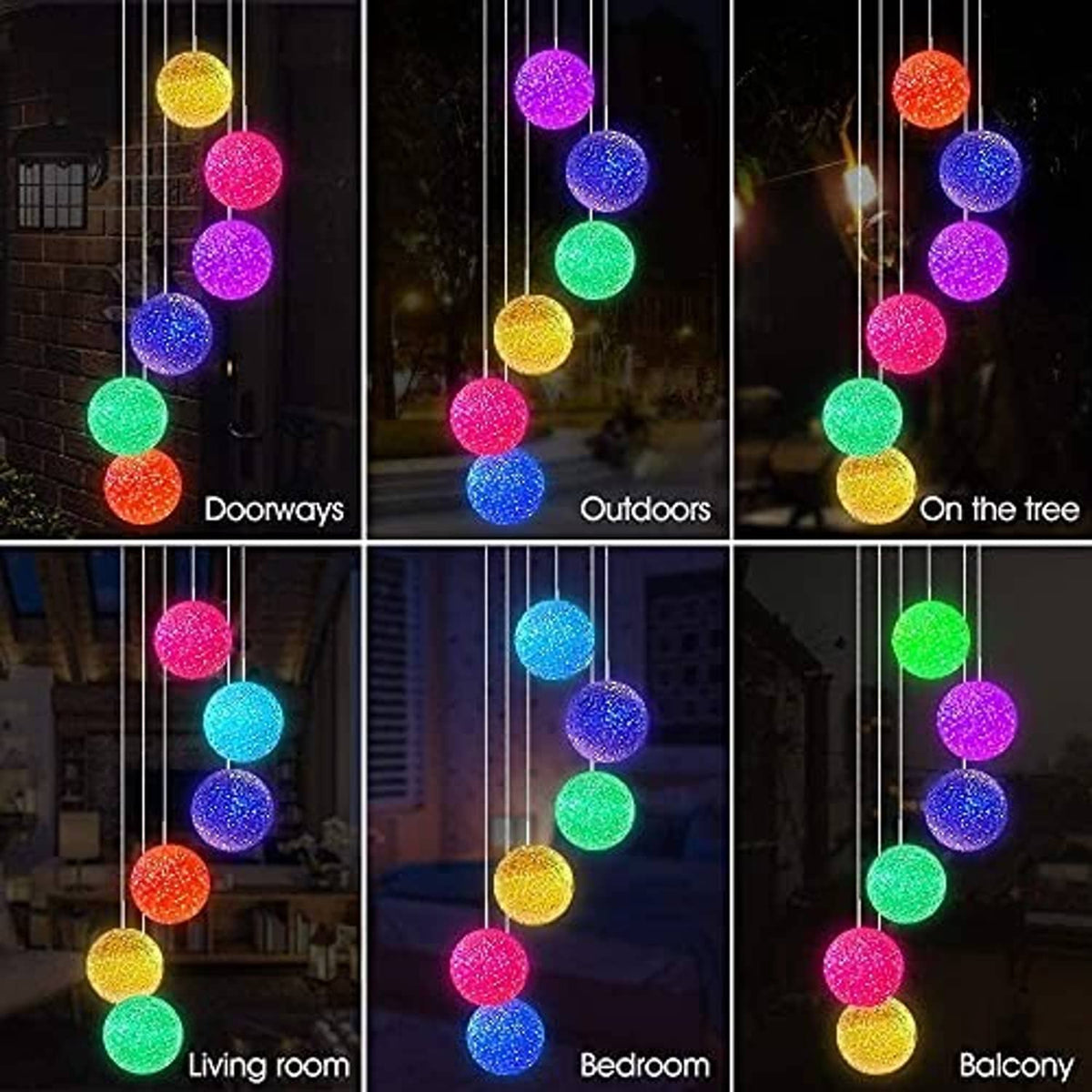 Color-changing solar wind chime with multicolor glowing glitter crystal balls