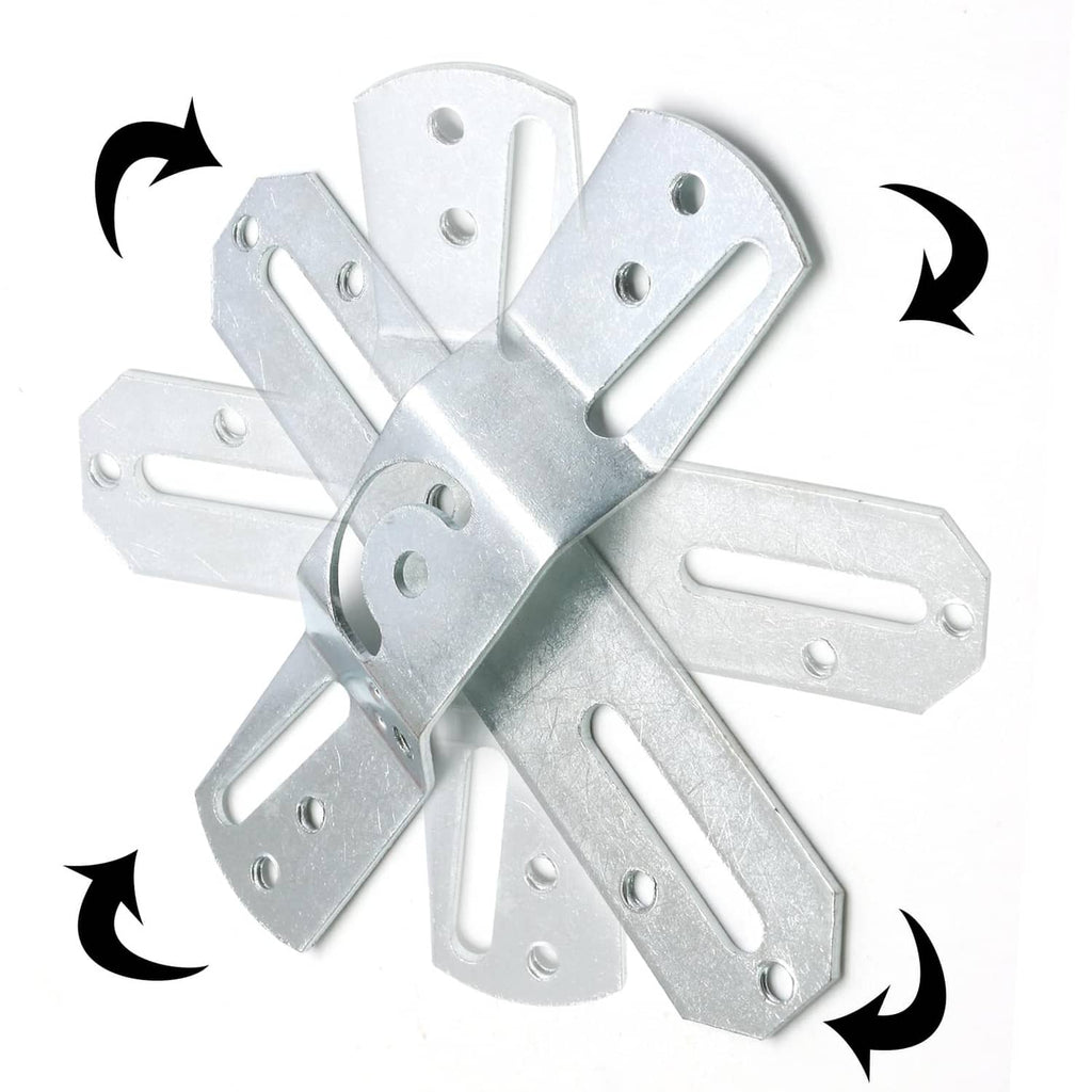Silver metal light fixture mounting bracket with multiple mounting arms and holes