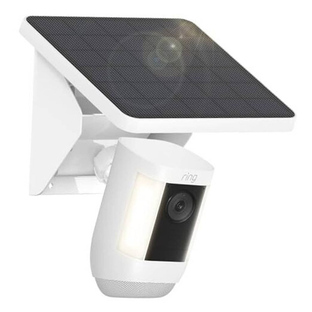 White solar charging mount with dark panel and camera lens
