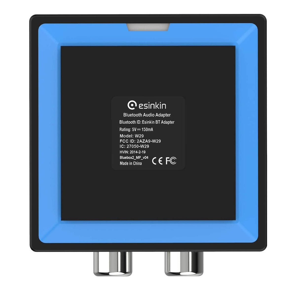 Bluetooth audio adapter back panel with printed labels and two metal terminals