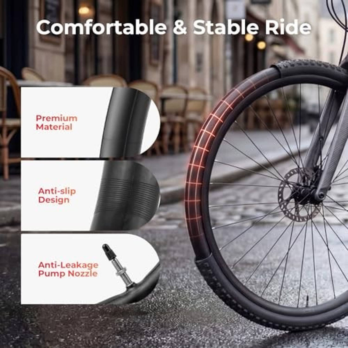 Bike wheel with black inner tube inside tire, close-up