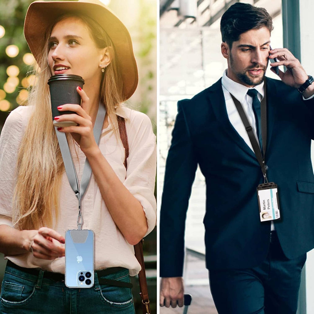 People wearing phone lanyards with gray and black straps and attached phone pockets