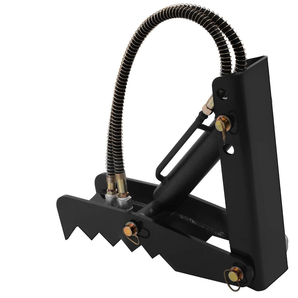 Black steel backhoe thumb claw with coiled hydraulic hoses and pivot handle