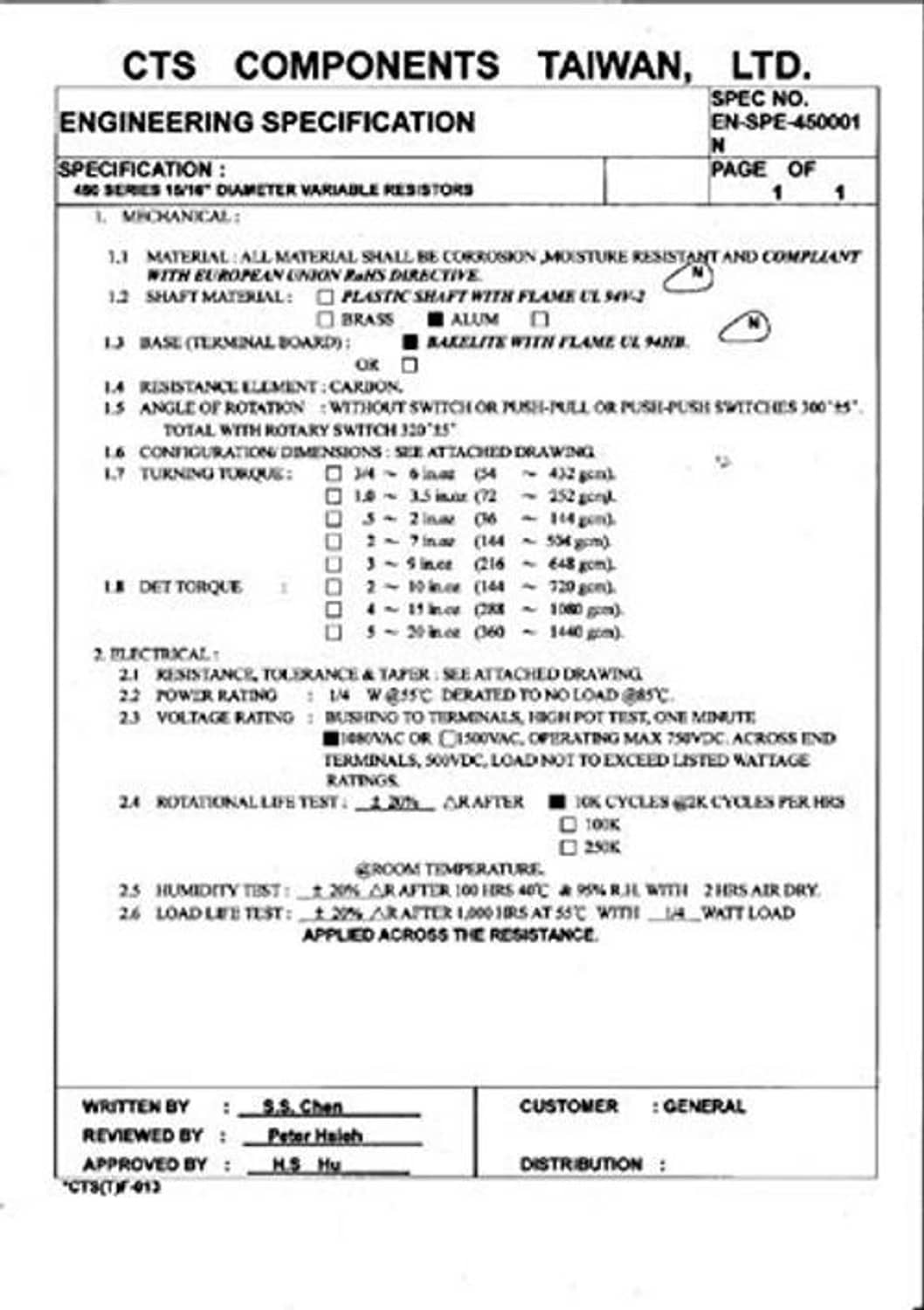 CTS components engineering specification sheet for 500K variable resistors