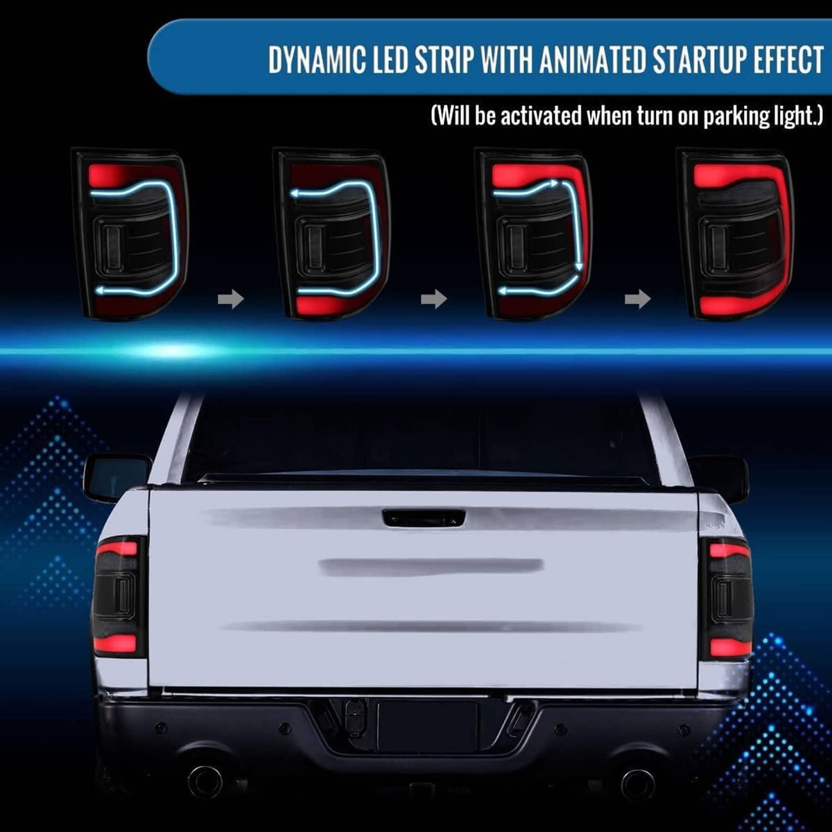 Smoked LED tail light with dynamic animated startup light strip effect on red LEDs