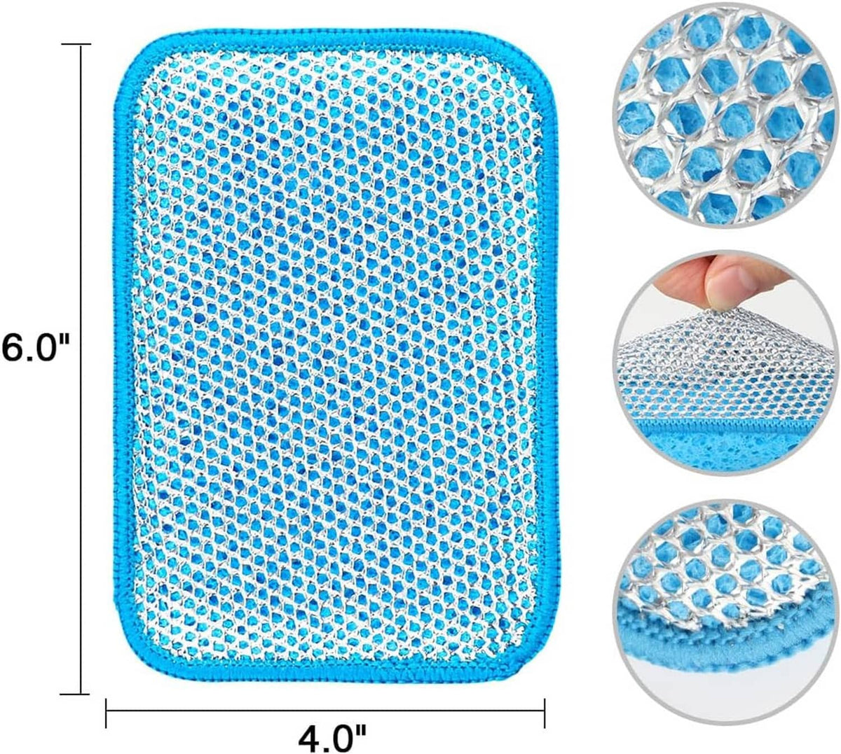 Blue wire dishwashing rag, approx 6 x 4 in, with raised scrubbing texture
