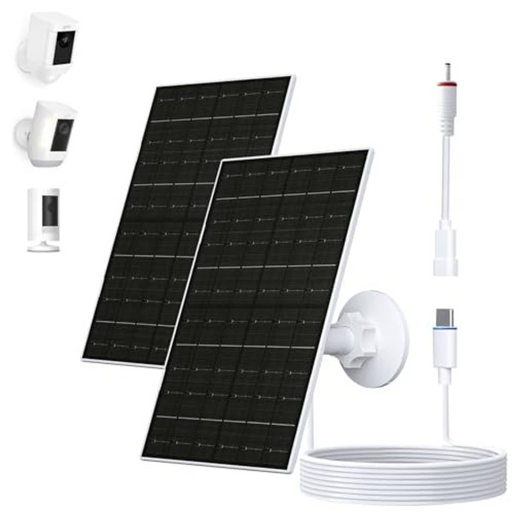Solar panel charger kit with two black panels, wall mount base, long cable, and plug.