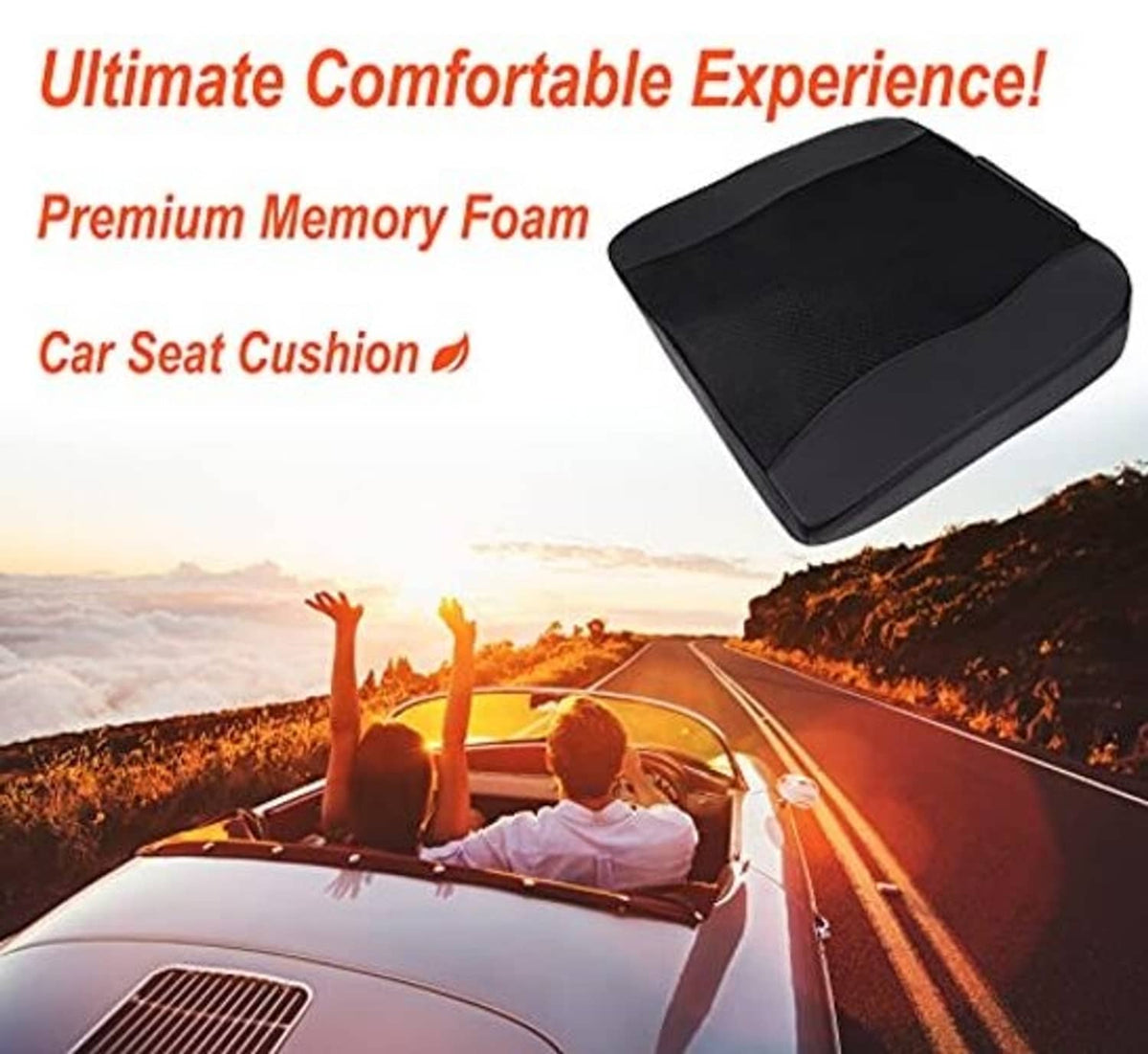 Black car seat cushion with textured mesh top, shown folded