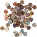Assorted vintage wooden flower buttons with two holes, multicolor patterned design