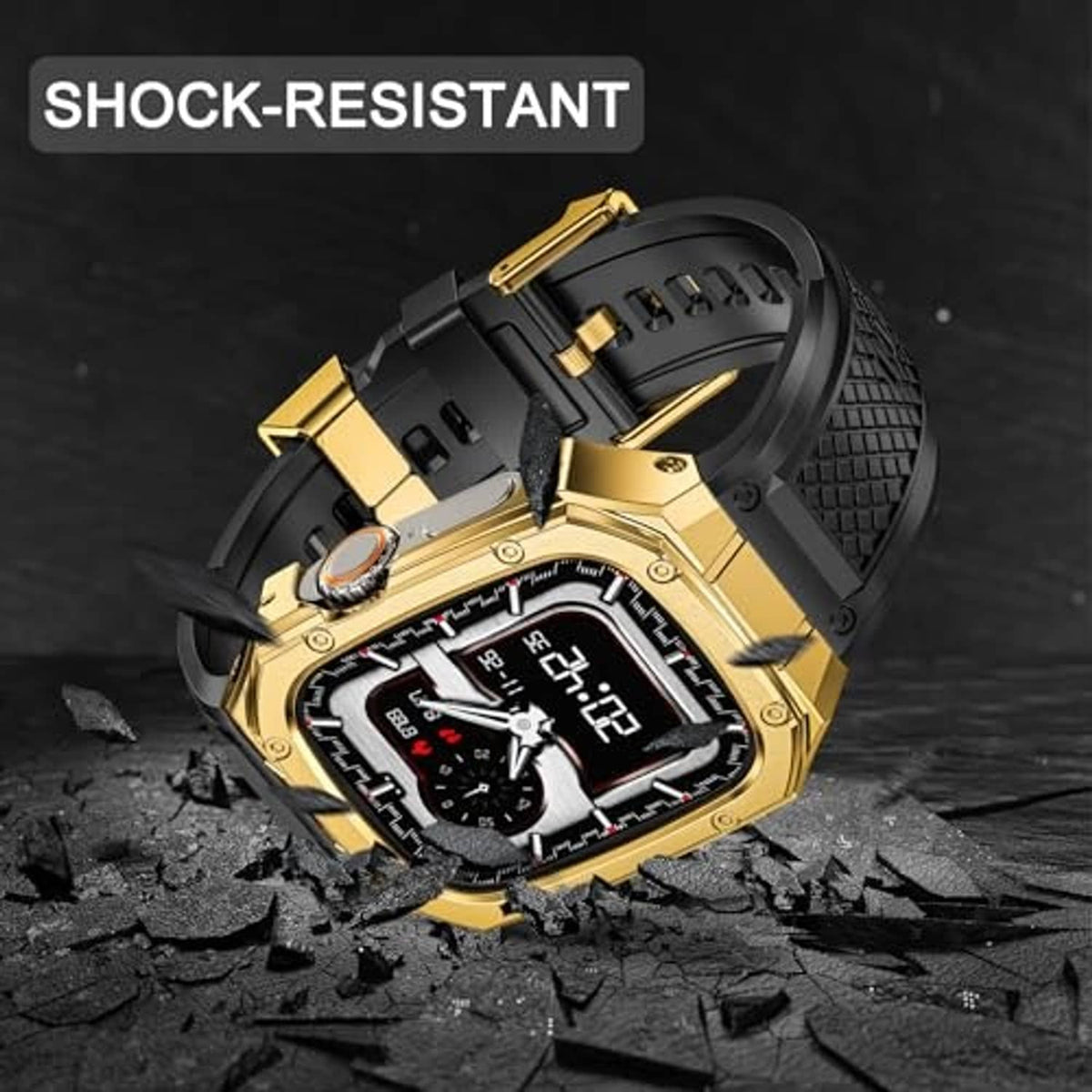 Gold stainless steel smartwatch with black shock-resistant band on dark surface