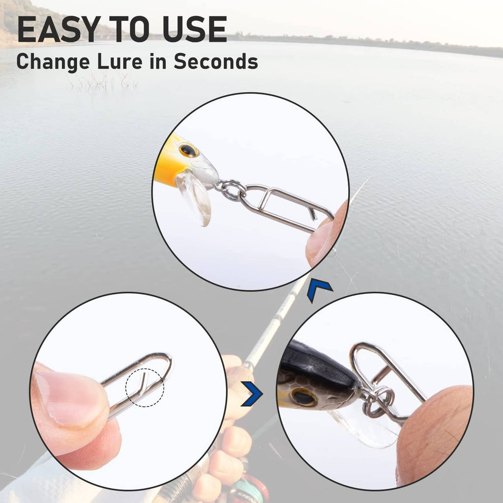 Fishing speed clip on a lure, shown with quick change in seconds