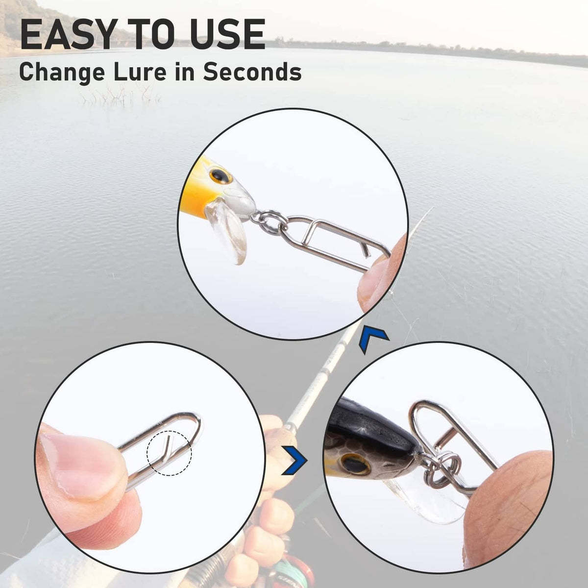 Fishing speed clip on a lure, shown with quick change in seconds