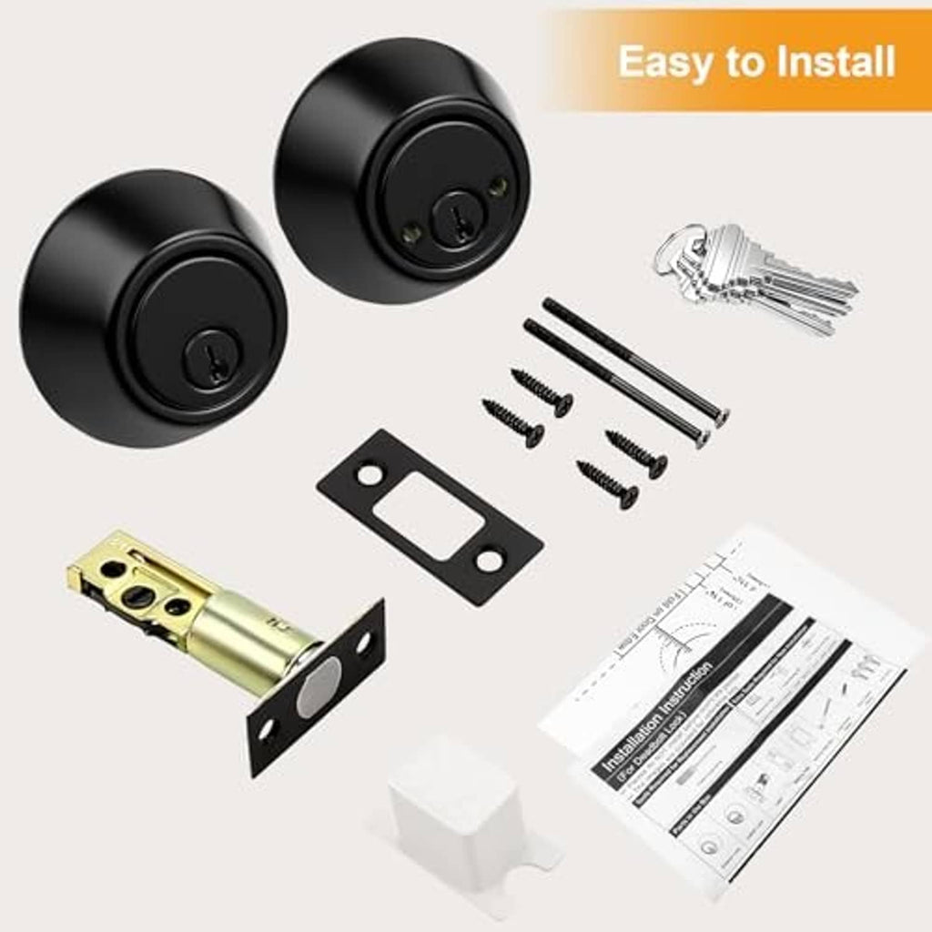 Black round double cylinder deadbolt with screws, mounting plate, keys, and install parts