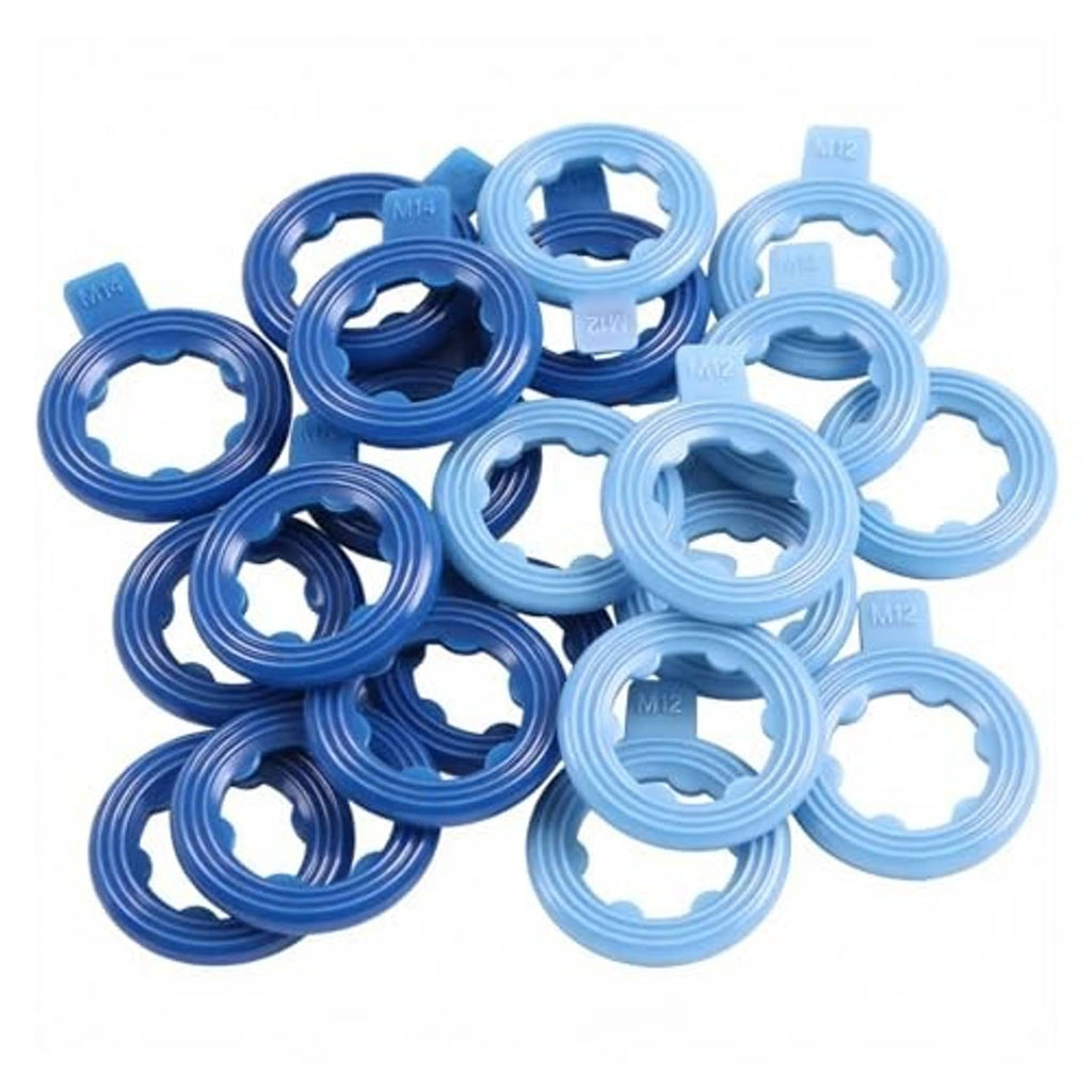 Assorted blue ribbed nylon drain plug gasket rings in two sizes