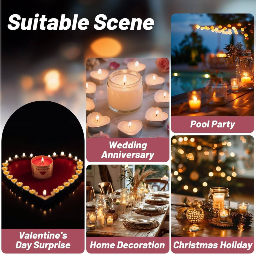 Heart-shaped tea candles with warm flames, used as decorative candle accents