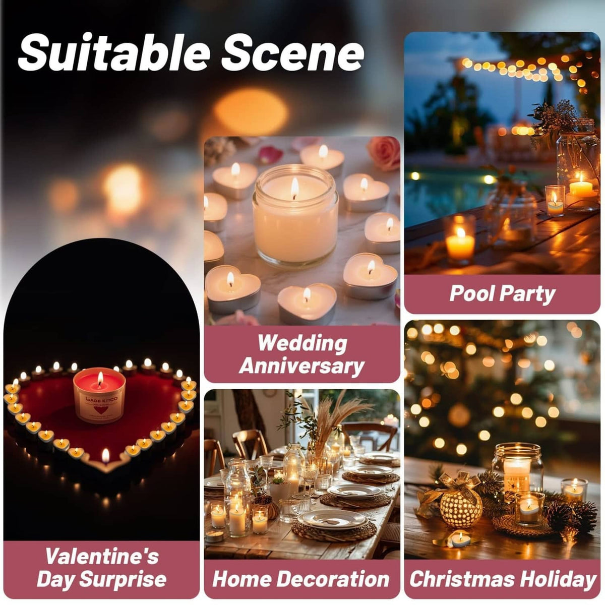 Heart-shaped tea candles with warm flames, used as decorative candle accents