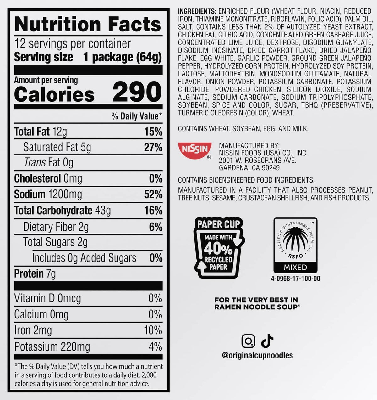 Cup Noodles nutrition facts and ingredients label on back panel
