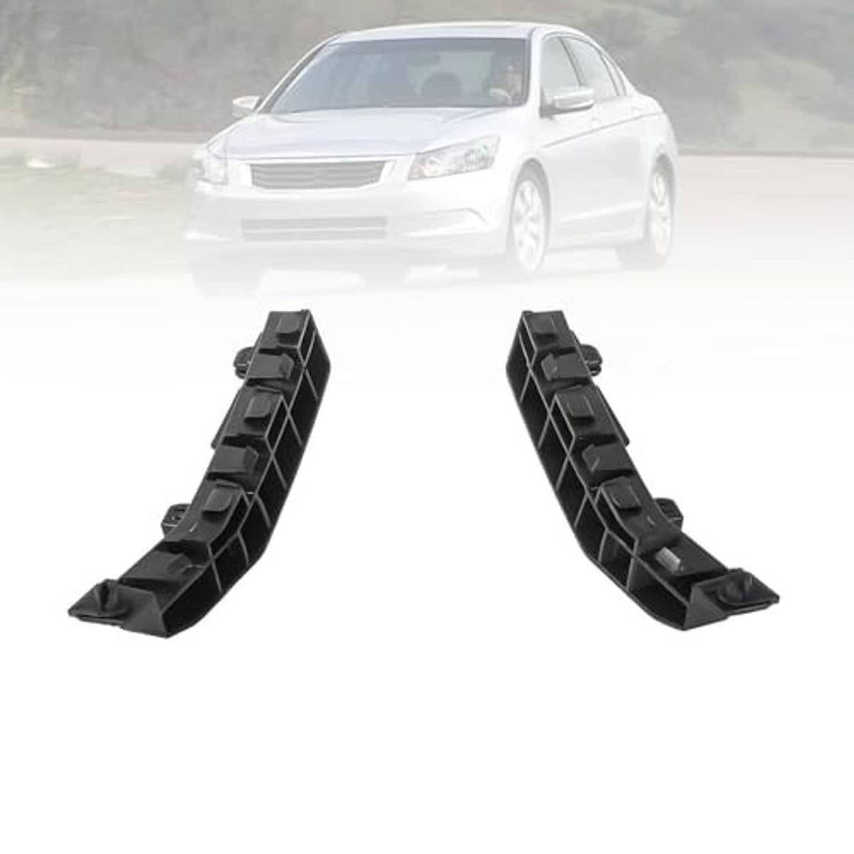 Front bumper bracket retainer pair, black plastic mounts, left and right
