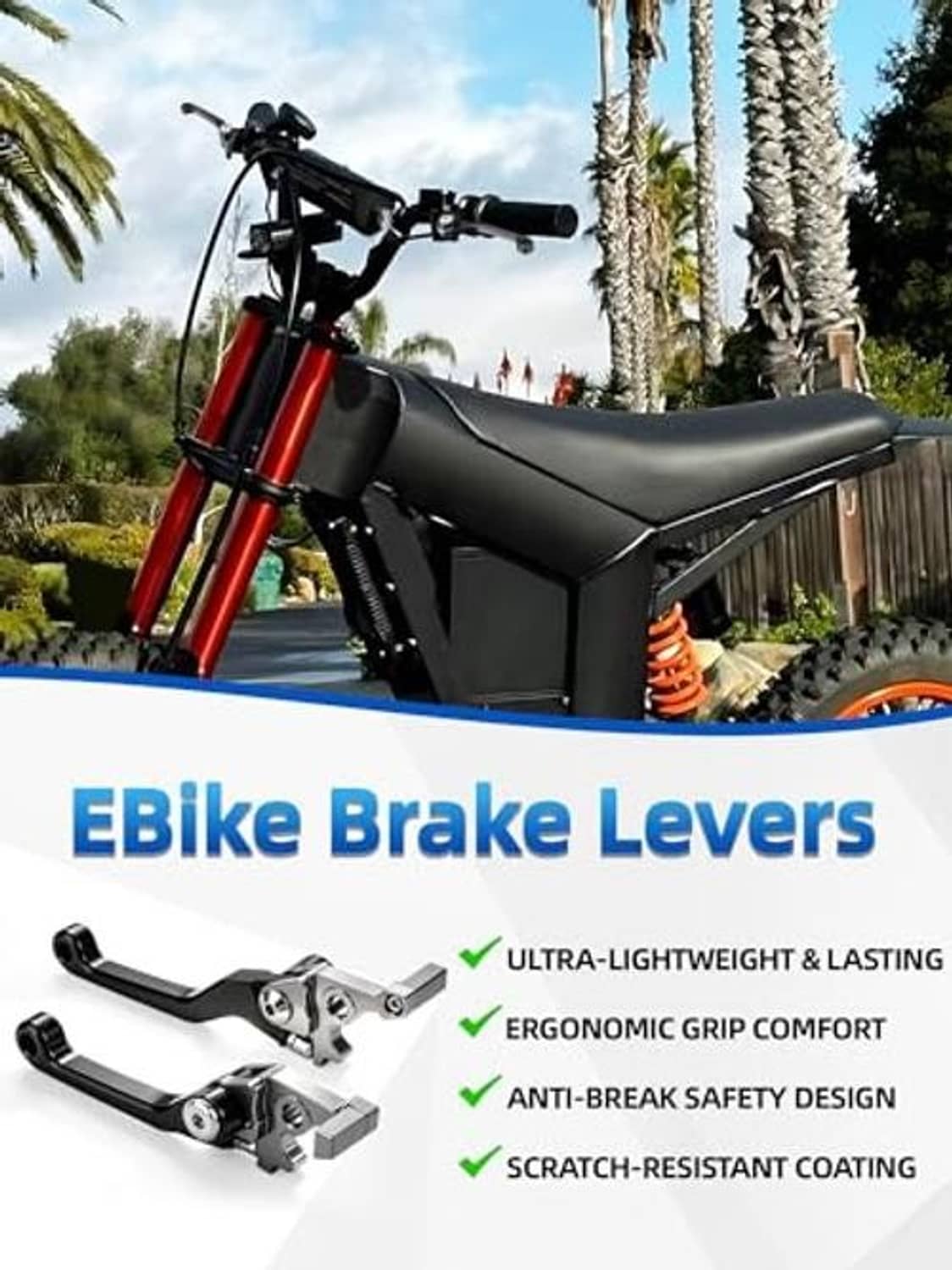 Black and silver e-bike brake and clutch levers with ergonomic grip ends