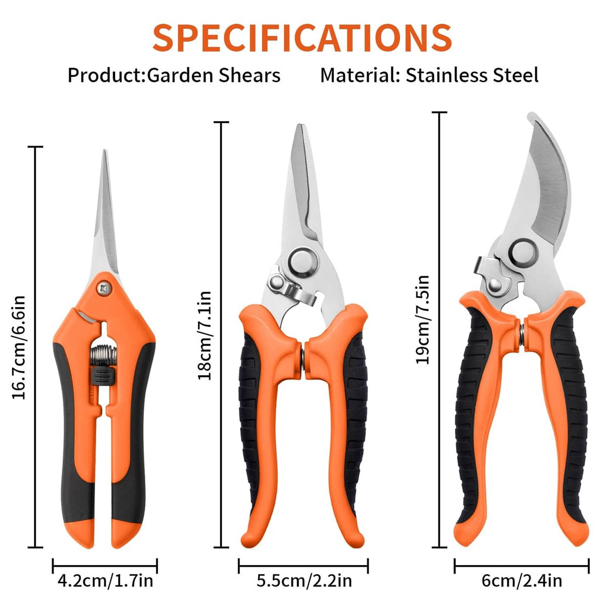 Orange-and-black pruning shears, stainless steel curved blades with safety lock